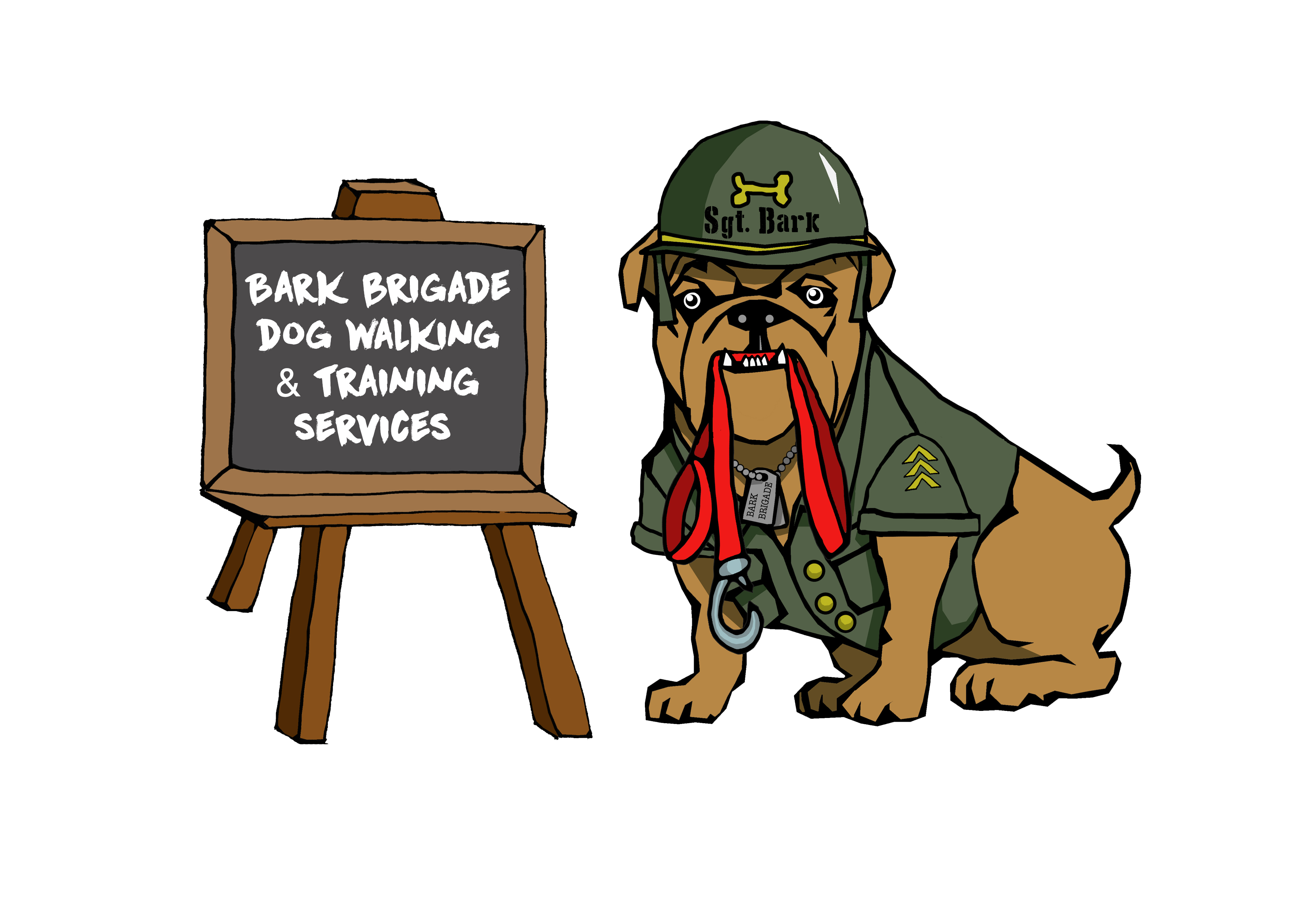 Sgt Bark holding a lead sitting beside a blackboard
